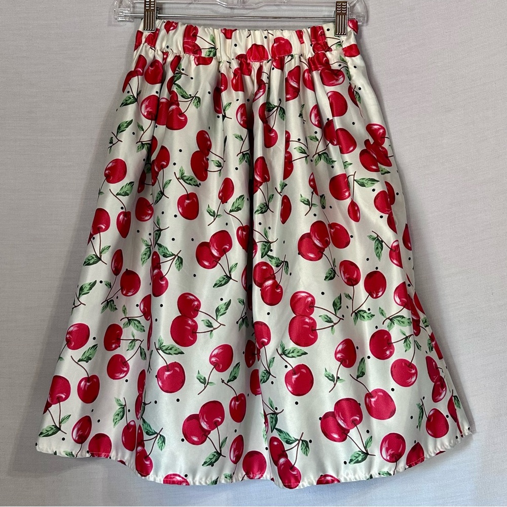 Choies White Satin Red Cherry Pleated Skirt S.